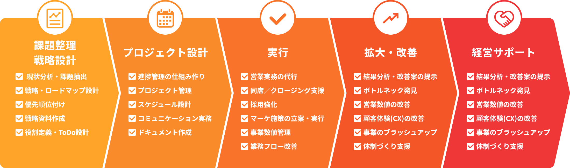 課題整理・戦略設計、プロジェクト設計、実行、拡大・改善、経営サポート